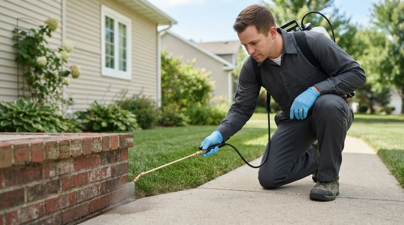 Pest control technician treating a home near Kaneville, IL