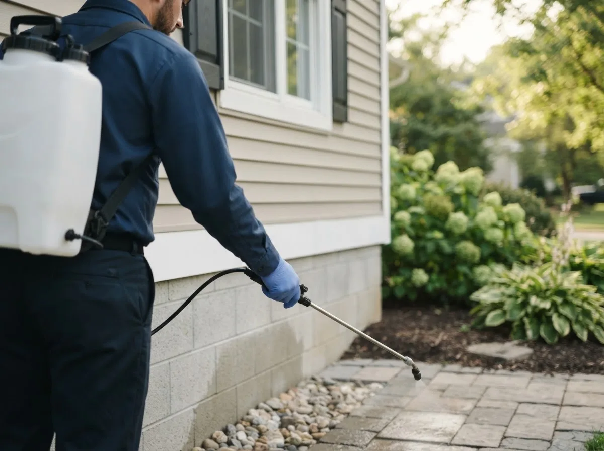 Pest control technician inspecting a home in Kaneville, IL